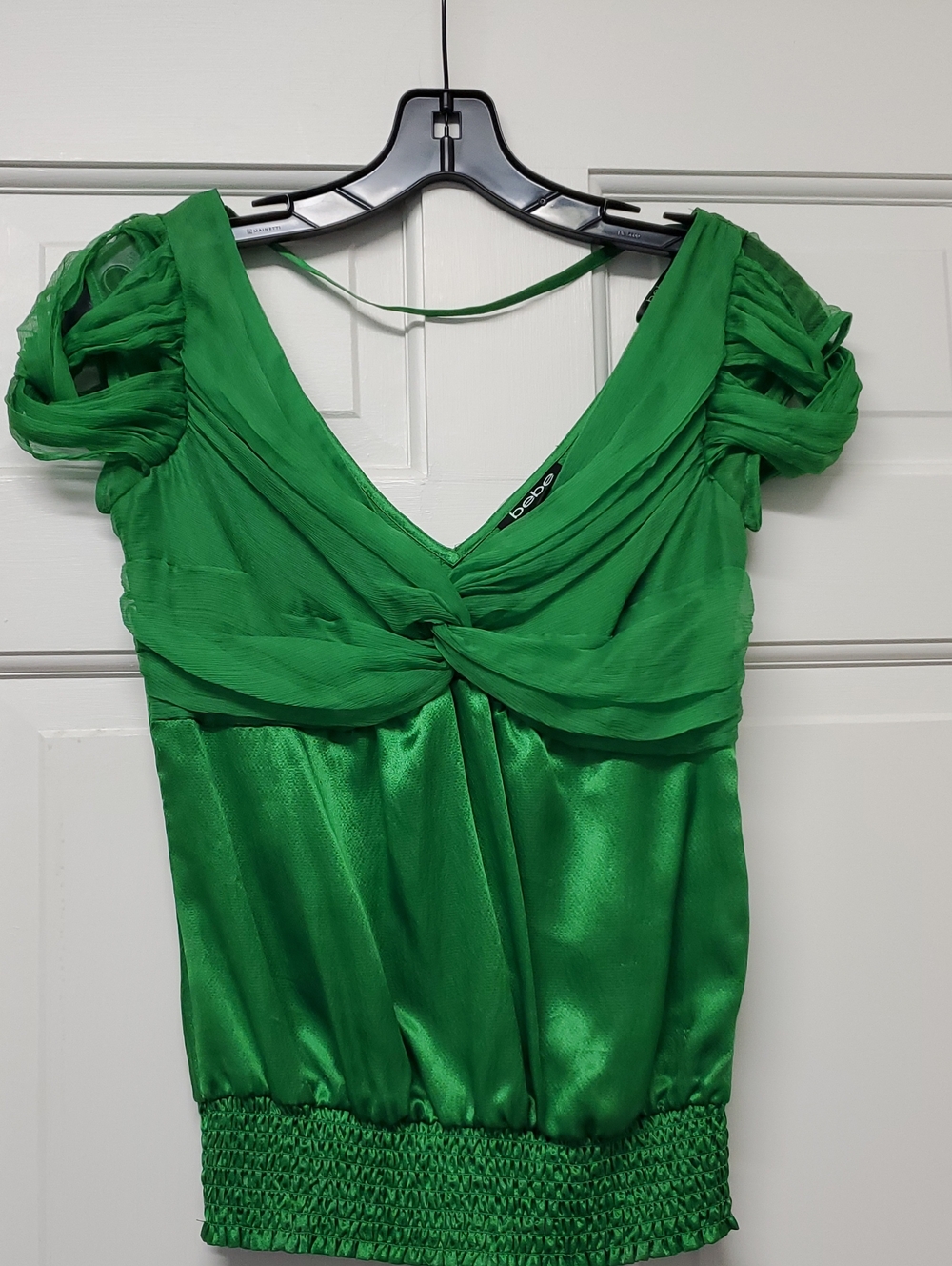 BEBE Bright Green Twist Front Short Sleeve Top